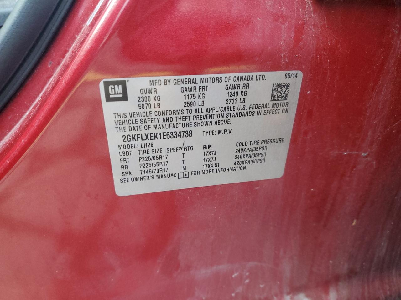 2014 GMC Terrain Slt VIN: 2GKFLXEK1E6334738 Lot: 93246985