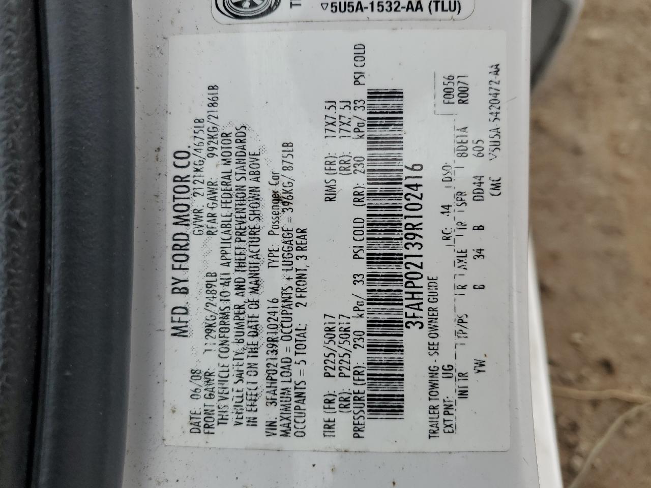 2009 Ford Fusion Sel VIN: 3FAHP02139R102416 Lot: 91187205