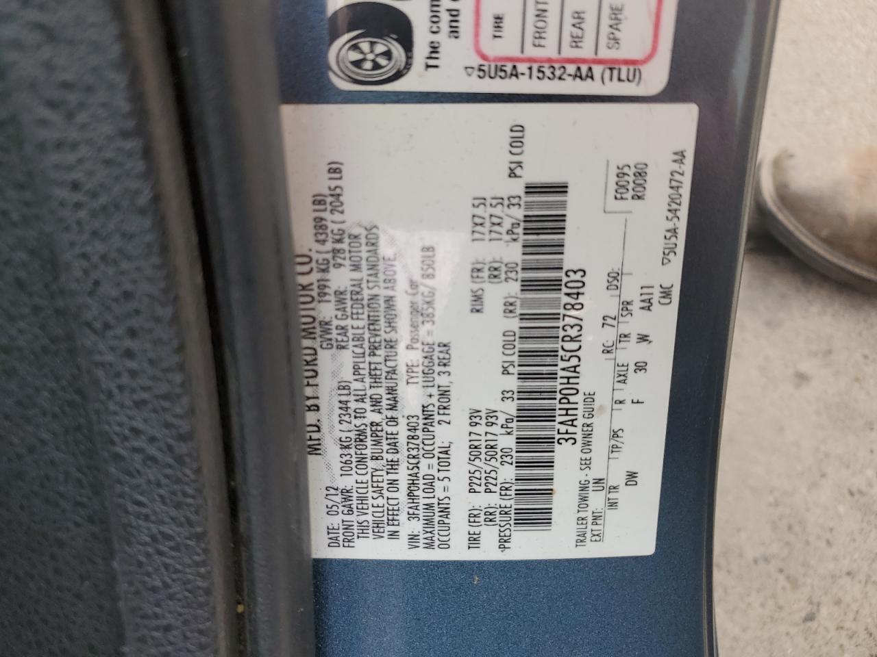 2012 Ford Fusion Se VIN: 3FAHP0HA5CR378403 Lot: 91629855