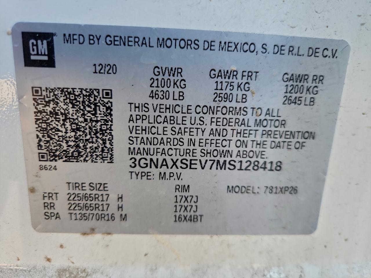 2021 Chevrolet Equinox Ls VIN: 3GNAXSEV7MS128418 Lot: 94498035