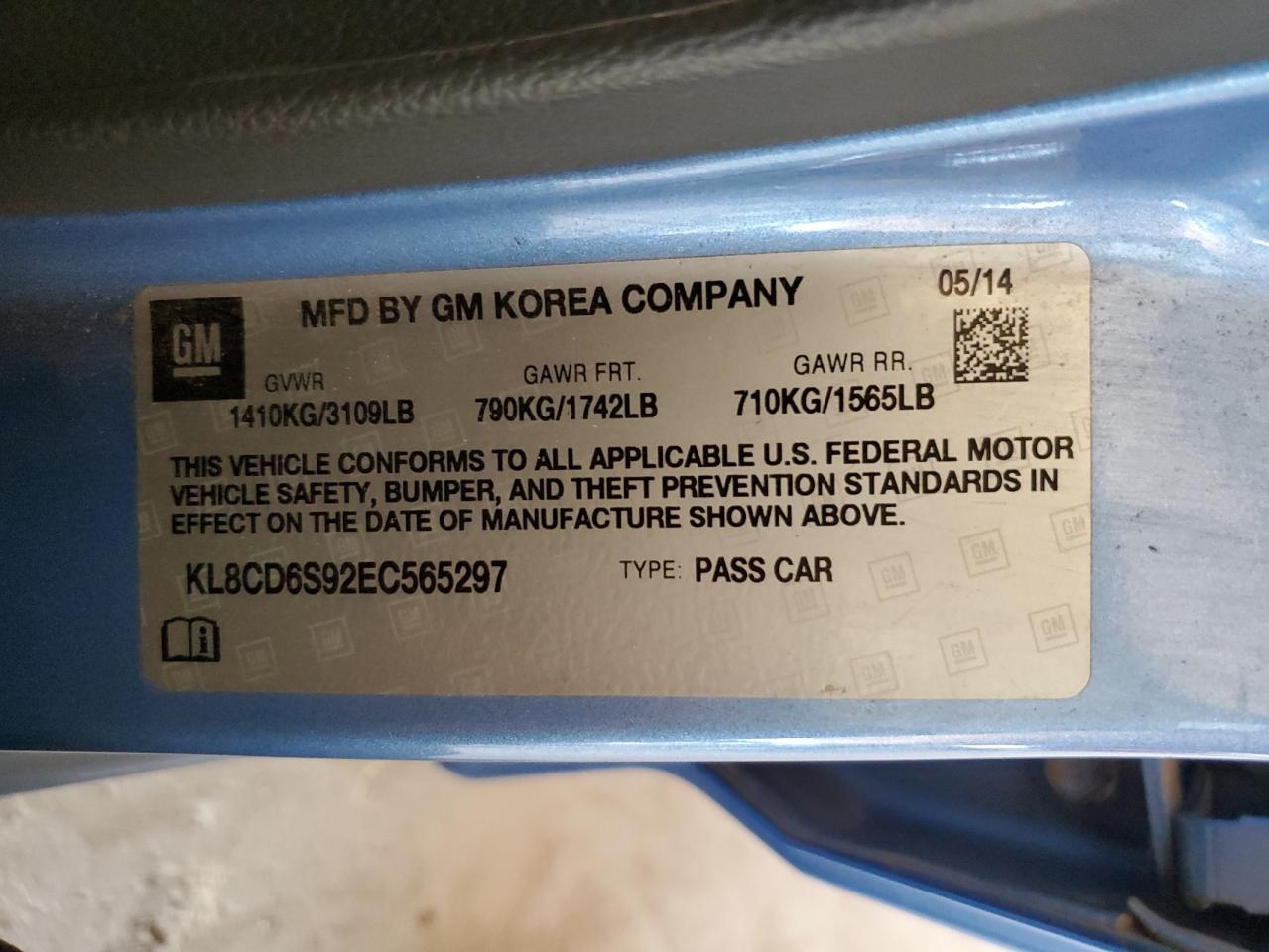 2014 Chevrolet Spark 1Lt VIN: KL8CD6S92EC565297 Lot: 92465295