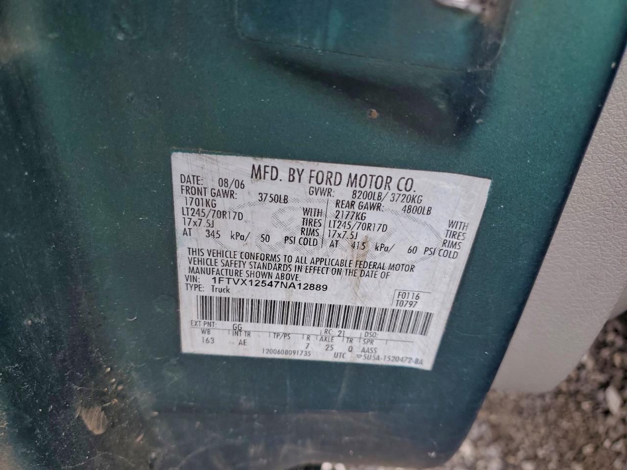 2007 Ford F150 VIN: 1FTVX12547NA12889 Lot: 93519135