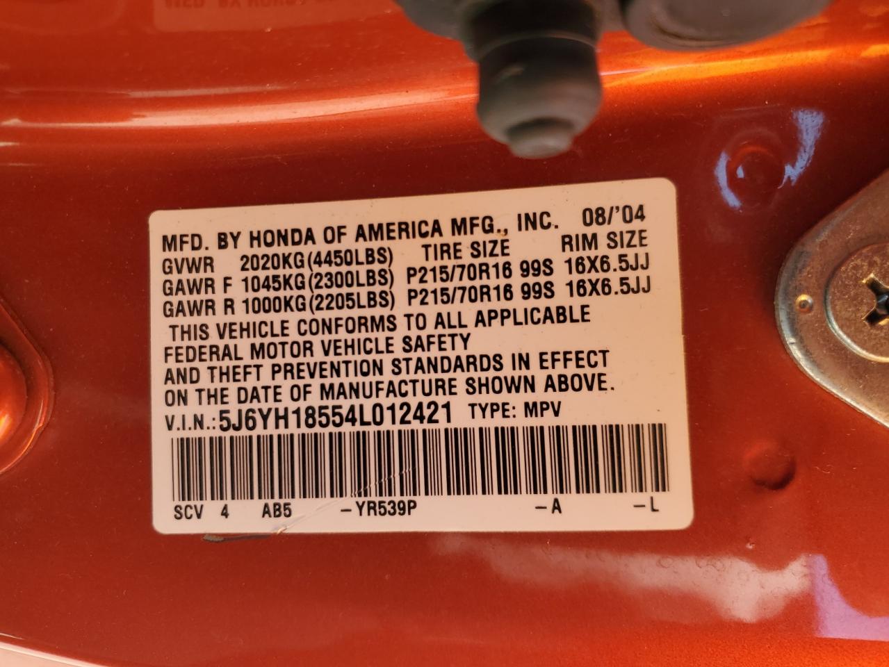 2004 Honda Element Ex VIN: 5J6YH18554L012421 Lot: 92497955