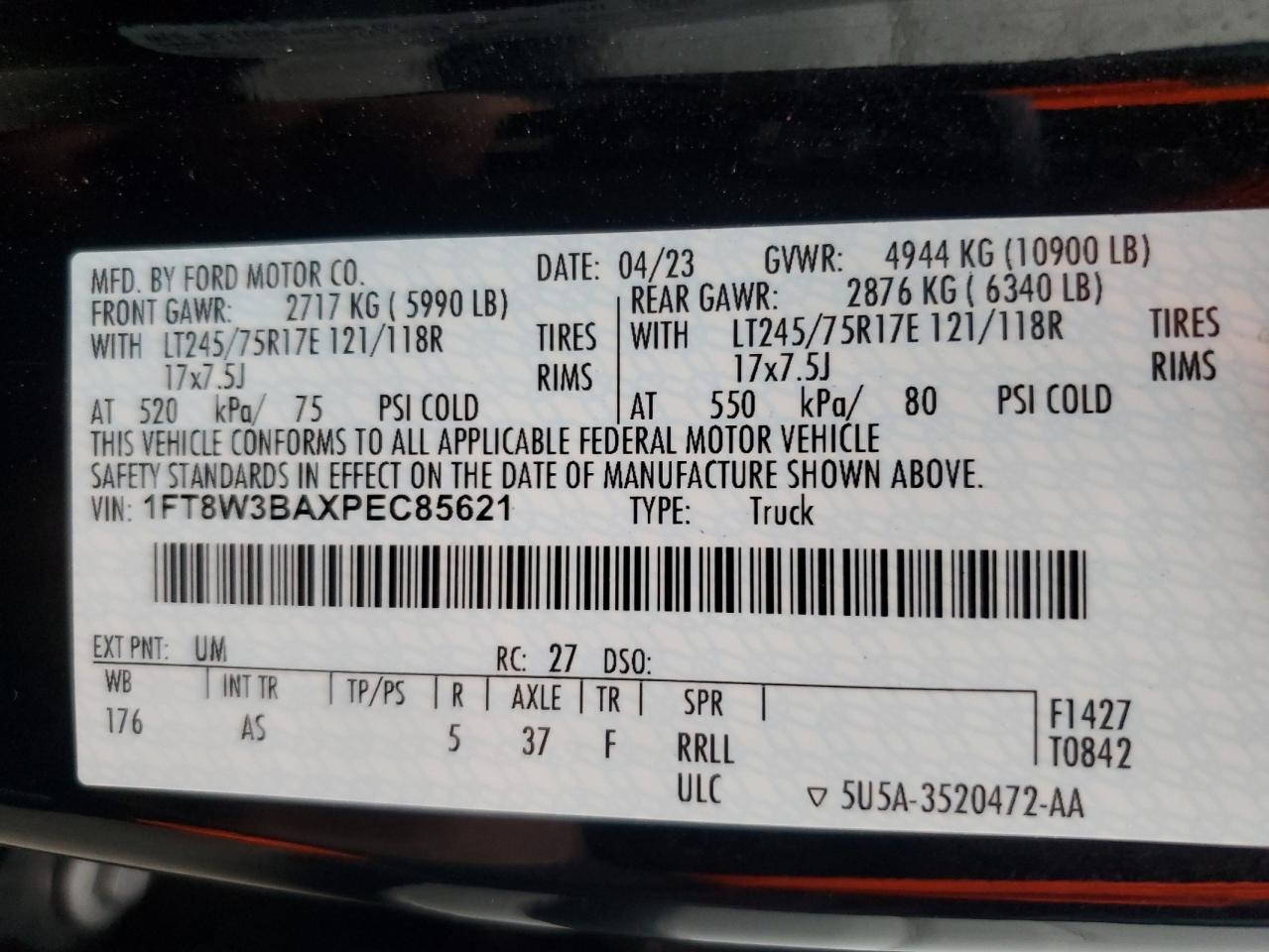 2023 Ford F350 Super Duty VIN: 1FT8W3BAXPEC85621 Lot: 92799125