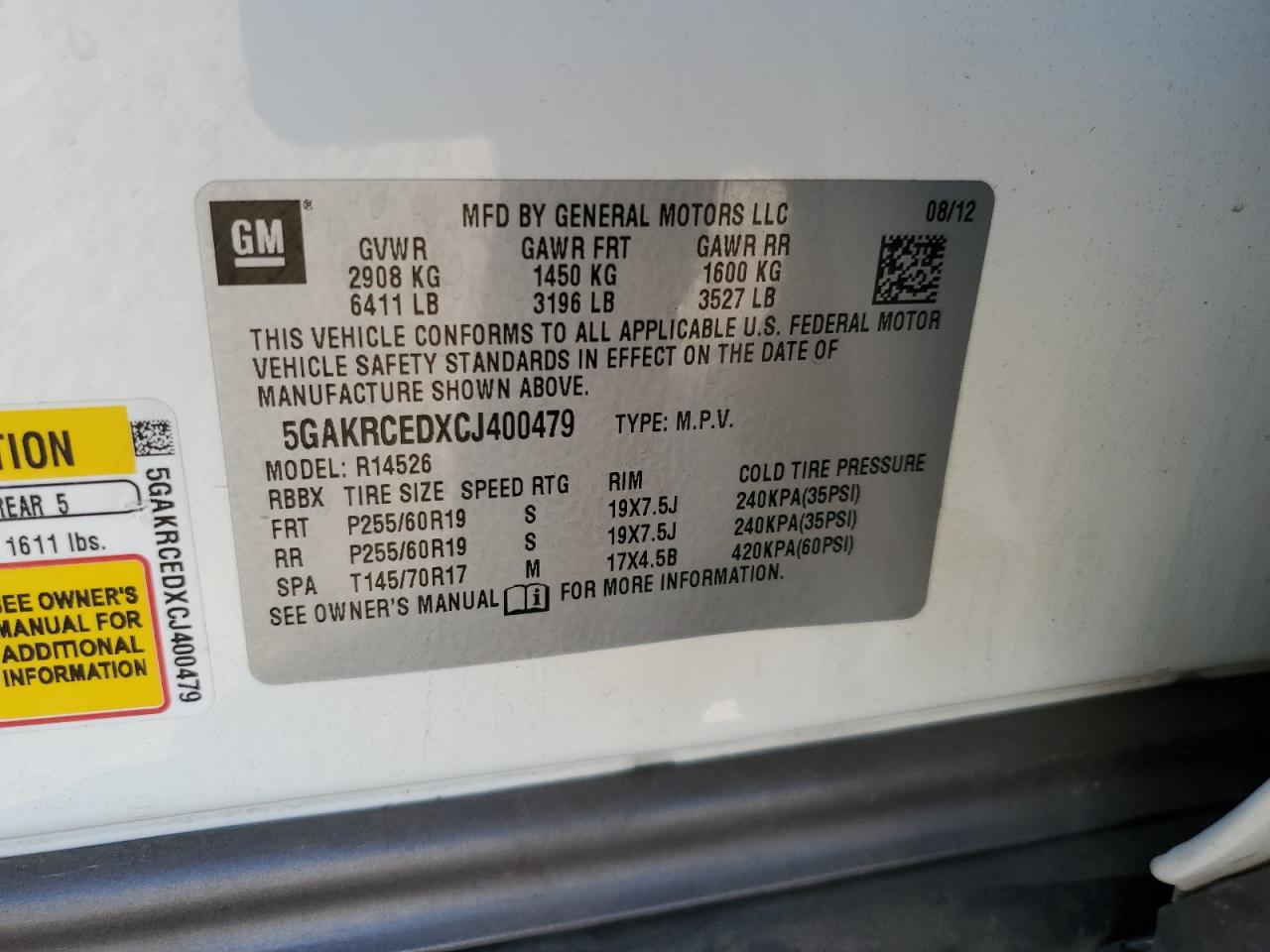 2012 Buick Enclave VIN: 5GAKRCEDXCJ400479 Lot: 92310835