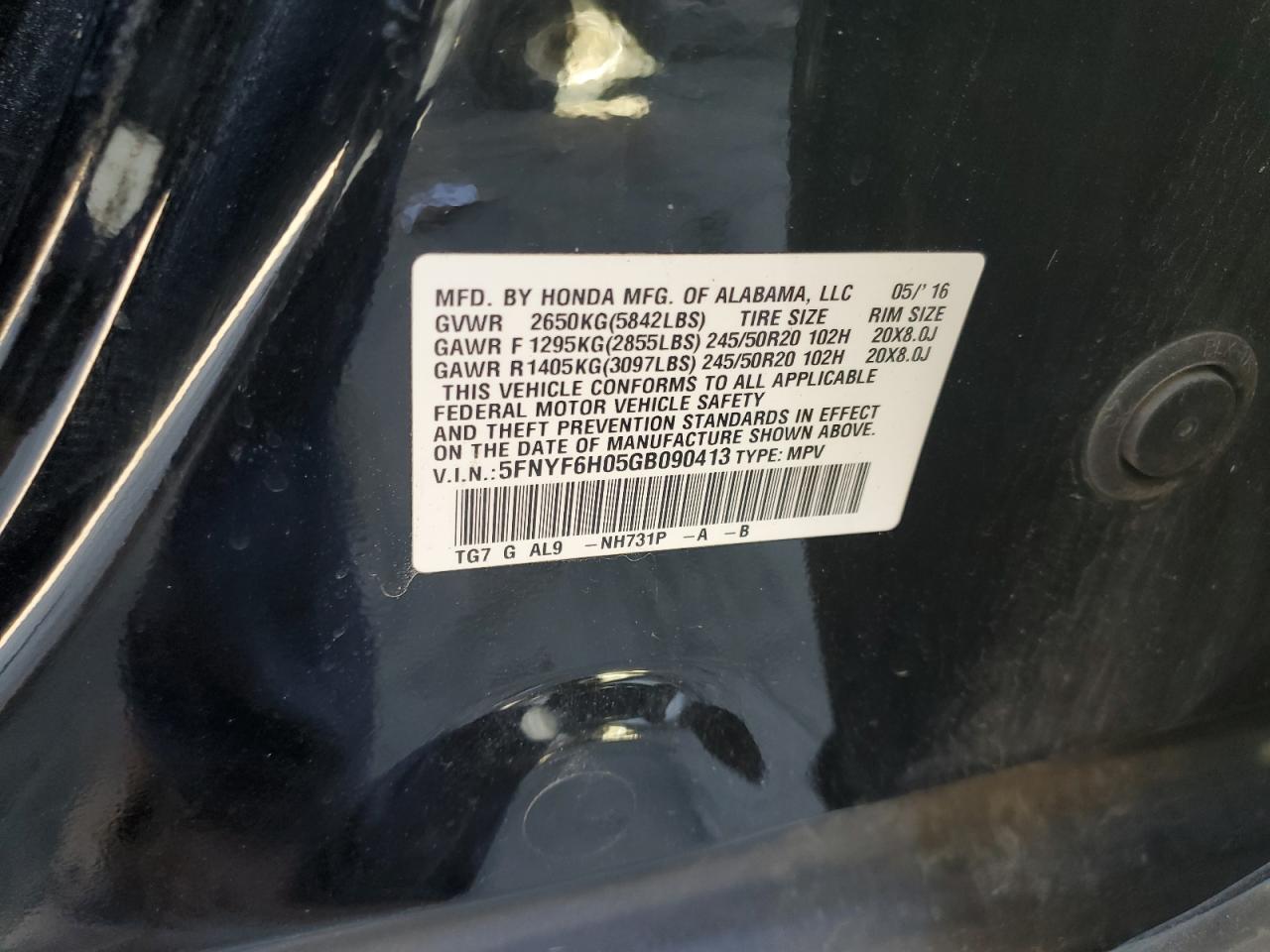 2016 Honda Pilot Elite VIN: 5FNYF6H05GB090413 Lot: 92286285