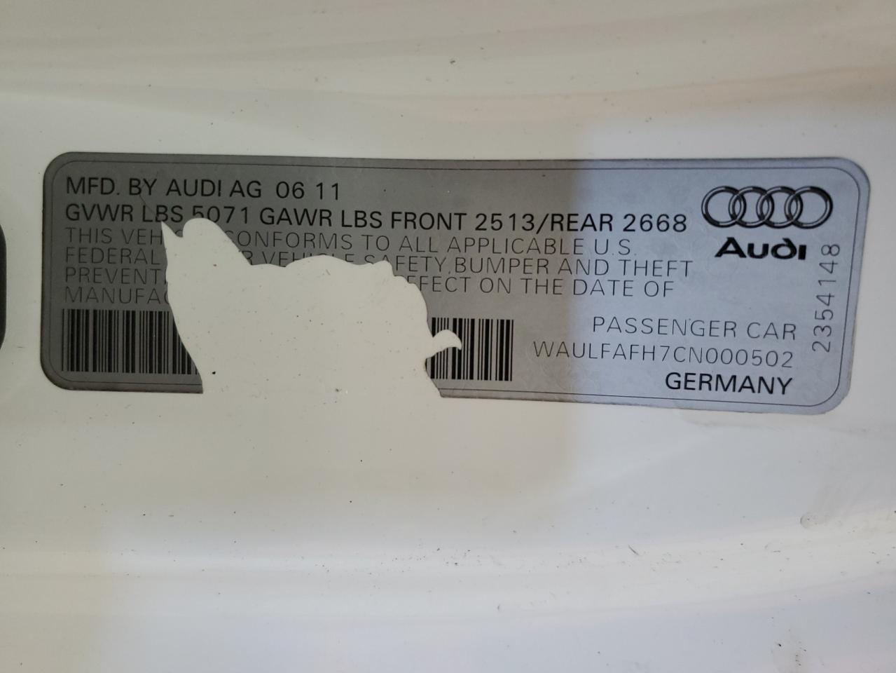 2012 Audi A5 Premium Plus VIN: WAULFAFH7CN000502 Lot: 92508685