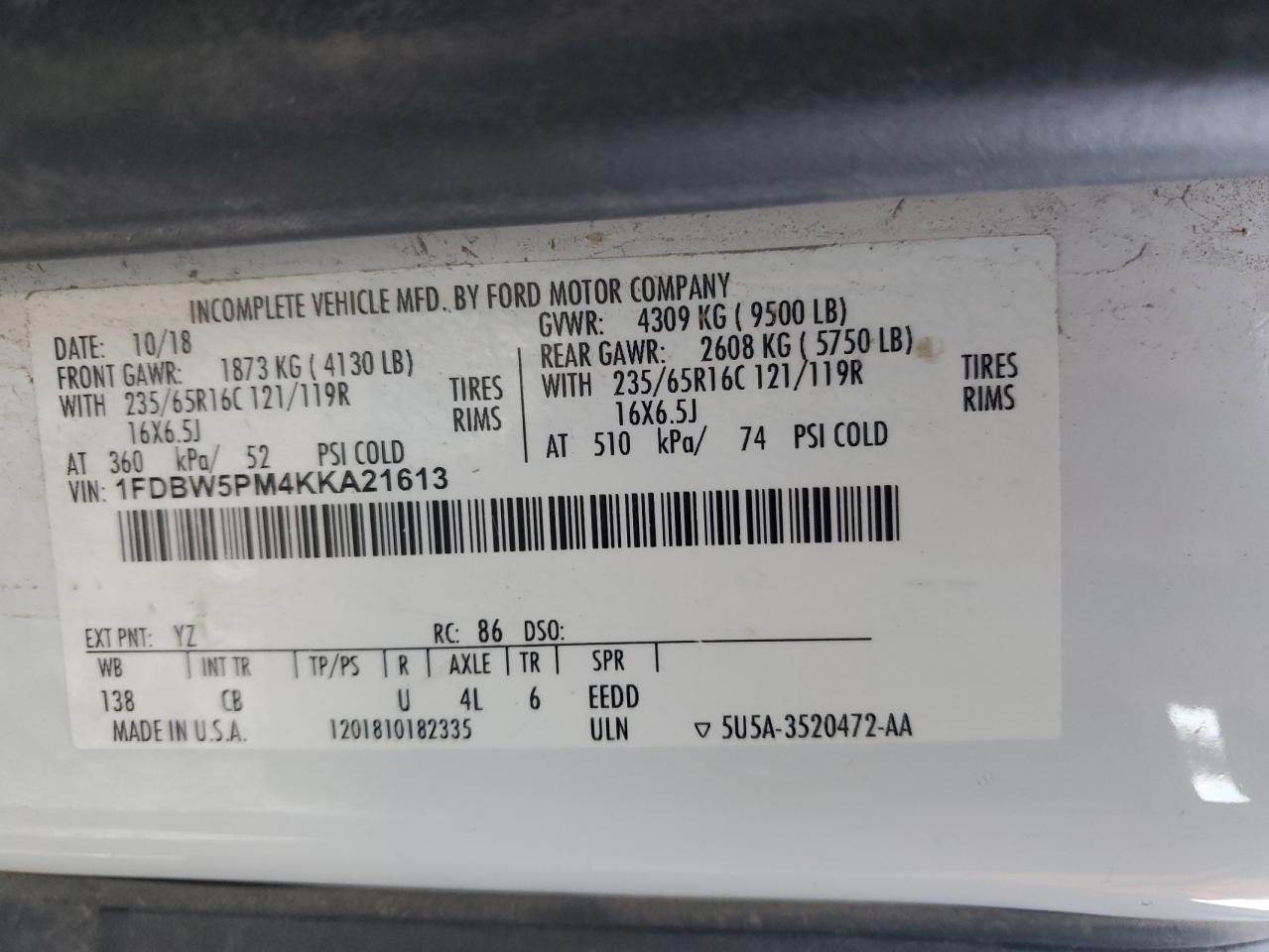 2019 Ford Transit T-350 VIN: 1FDBW5PM4KKA21613 Lot: 92032635