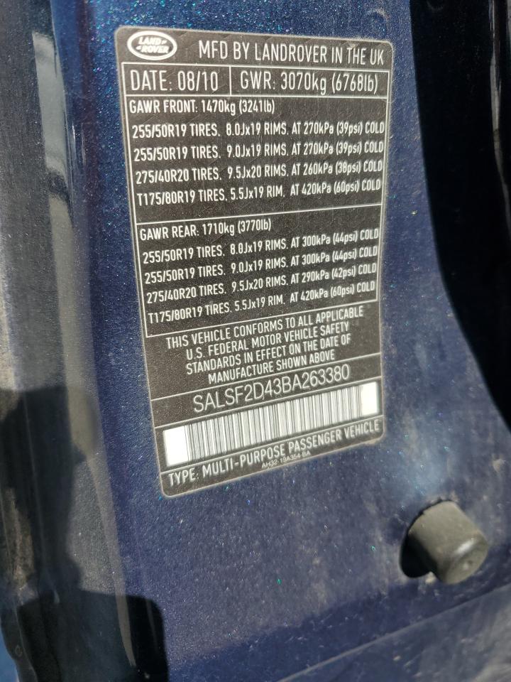 2011 Land Rover Range Rover Sport Hse VIN: SALSF2D43BA263380 Lot: 92933175
