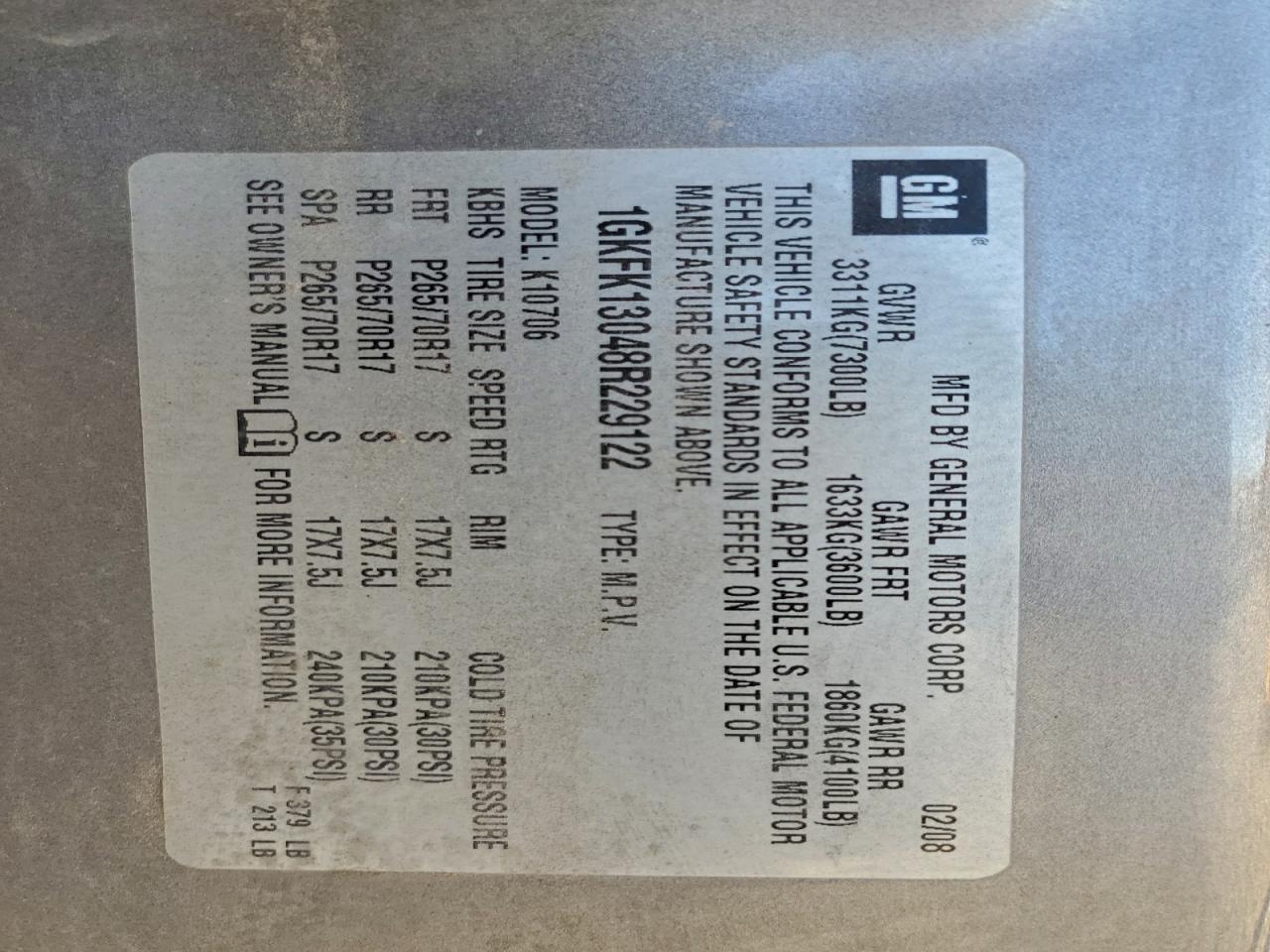 2008 GMC Yukon VIN: 1GKFK13048R229122 Lot: 94484155