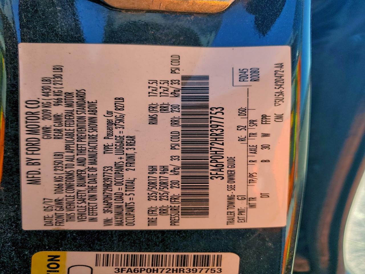 2017 Ford Fusion Se VIN: 3FA6P0H72HR397753 Lot: 91208905