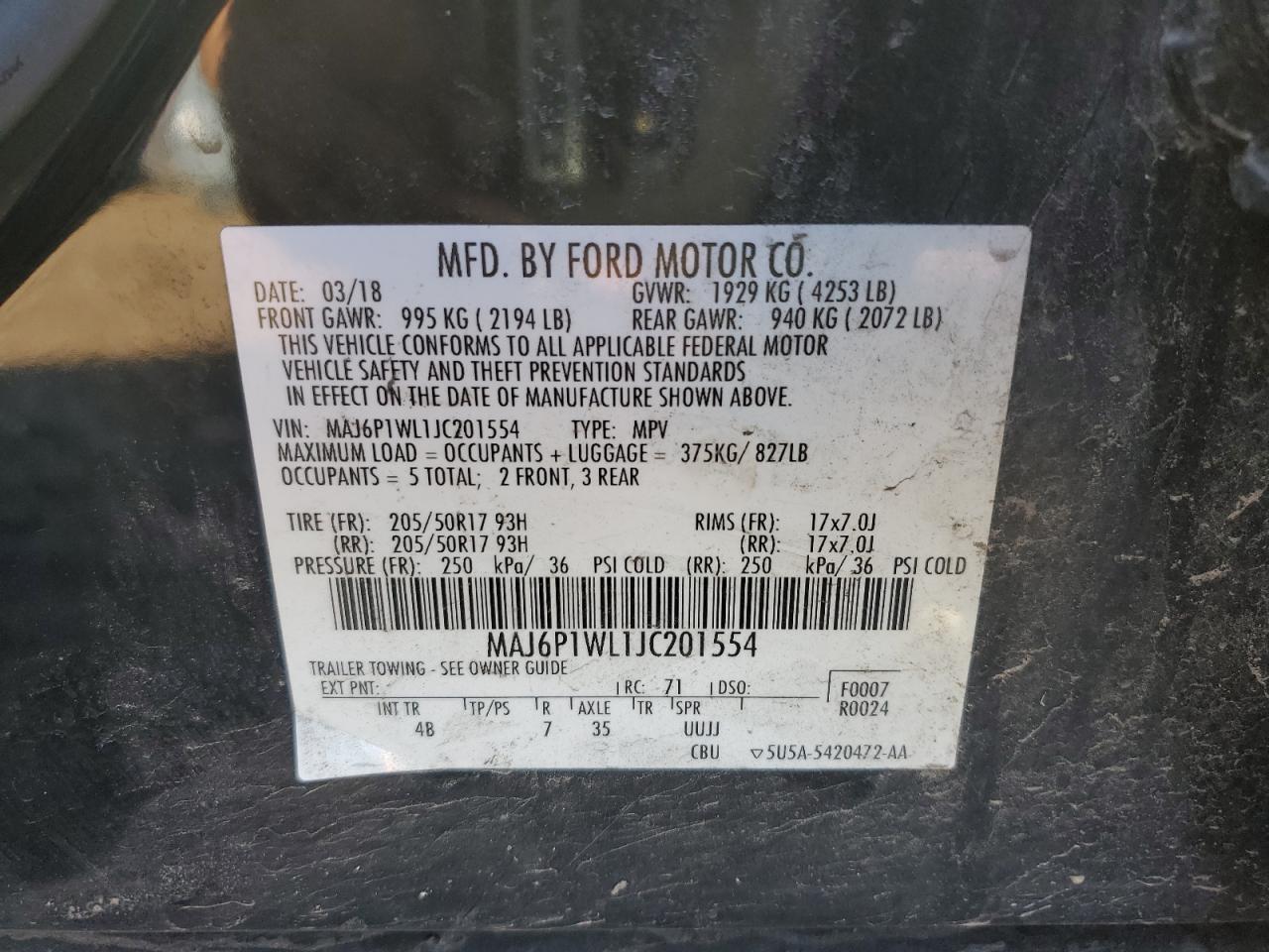 2018 Ford Ecosport Titanium VIN: MAJ6P1WL1JC201554 Lot: 91993055