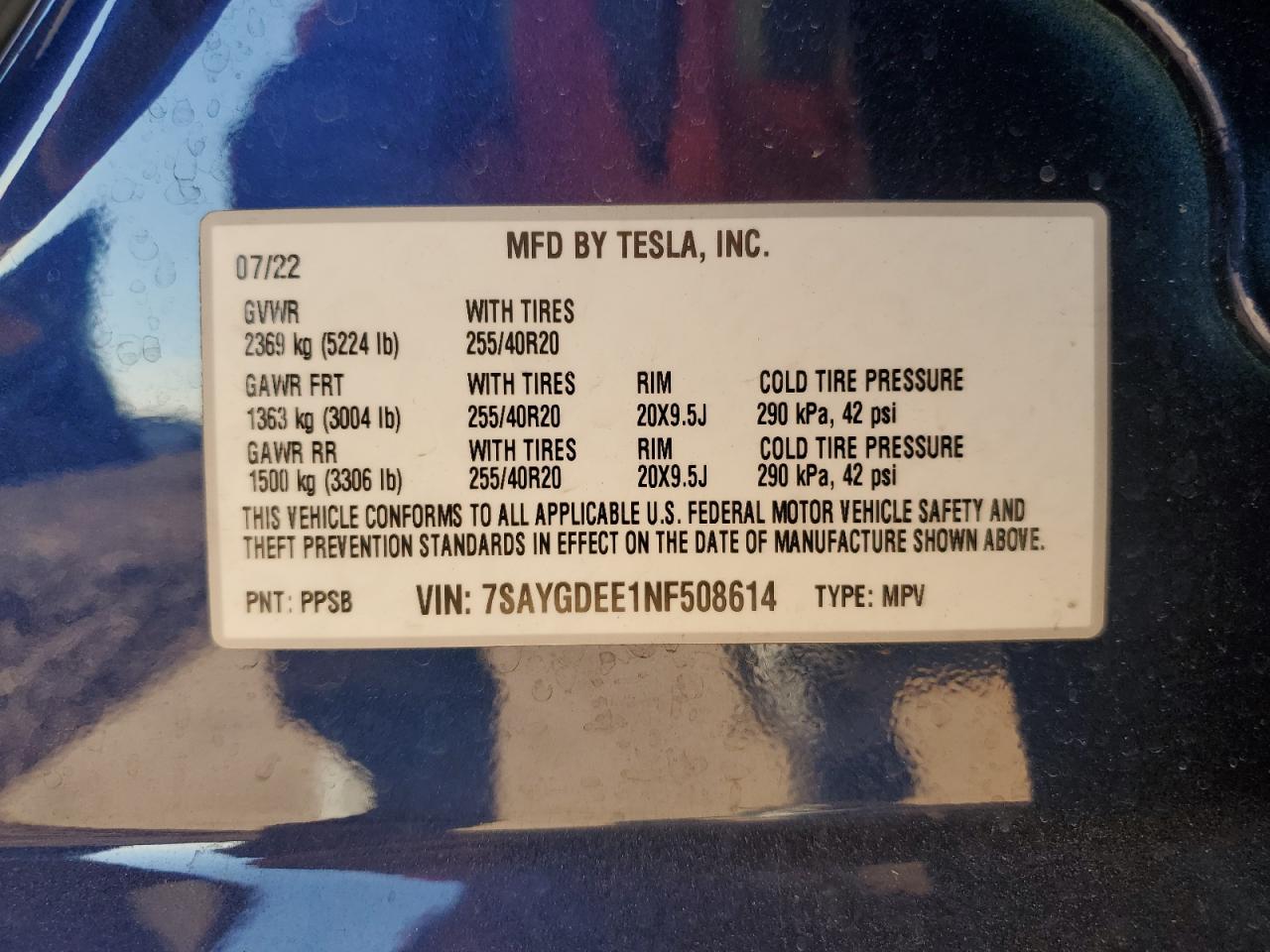 2022 Tesla Model Y VIN: 7SAYGDEE1NF508614 Lot: 92357475