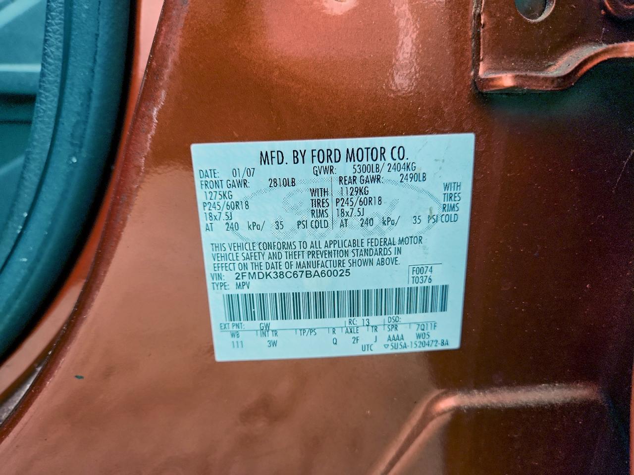 2007 Ford Edge Sel VIN: 2FMDK38C67BA60025 Lot: 93934235