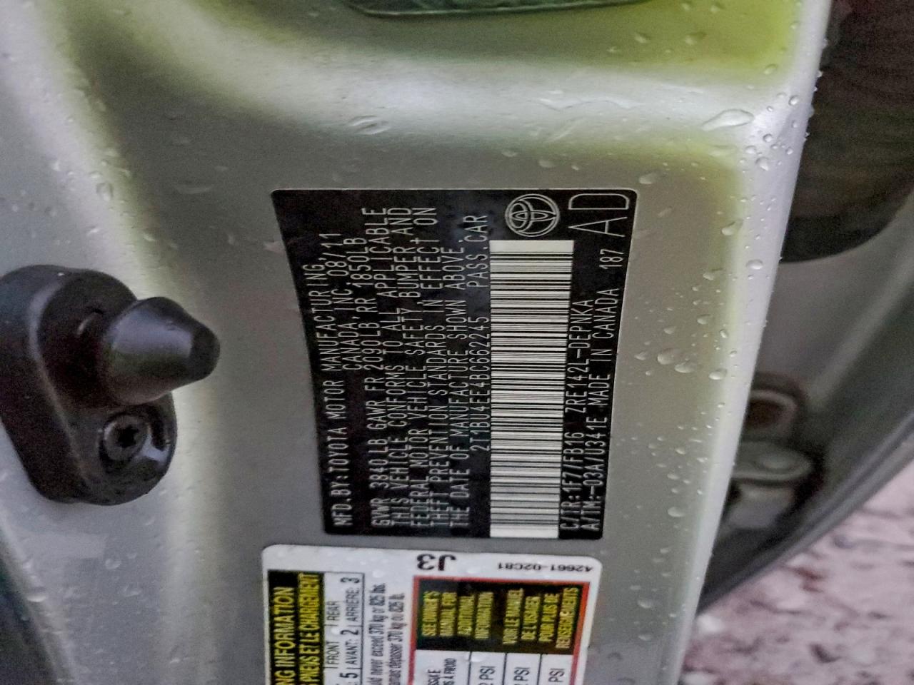 2011 Toyota Corolla Base VIN: 2T1BU4EE4BC662245 Lot: 94390355