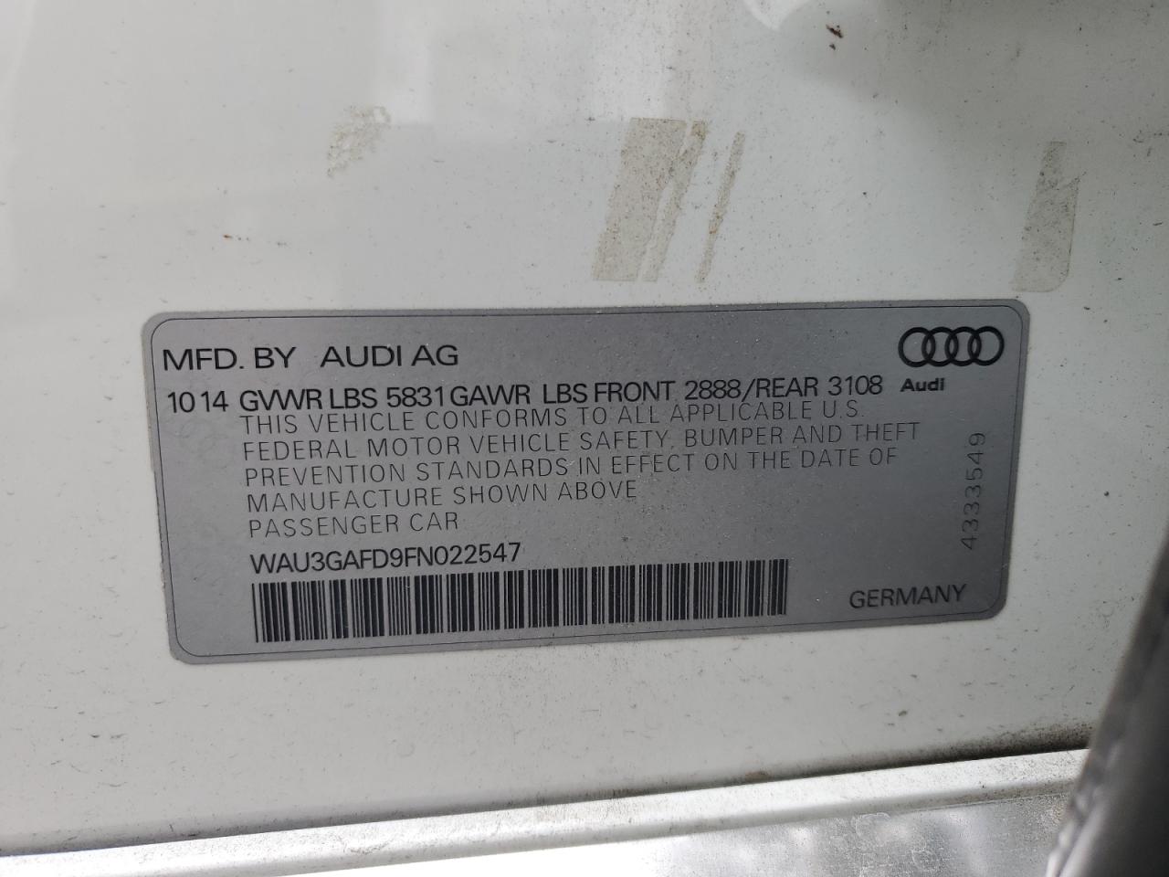 2015 Audi A8 L Quattro VIN: WAU3GAFD9FN022547 Lot: 93099535