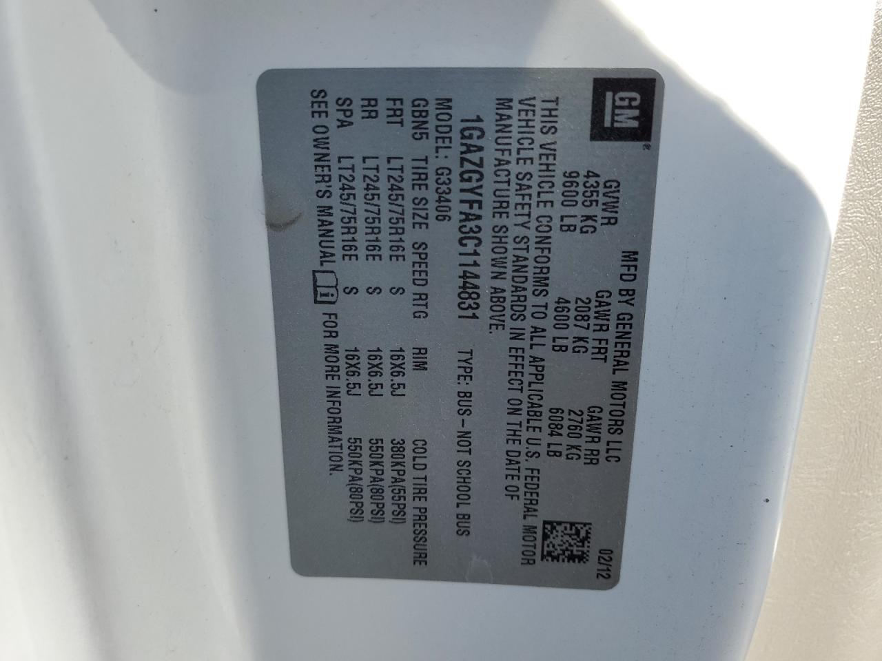 2012 Chevrolet Express G3500 Lt VIN: 1GAZGYFA3C1144831 Lot: 91510155