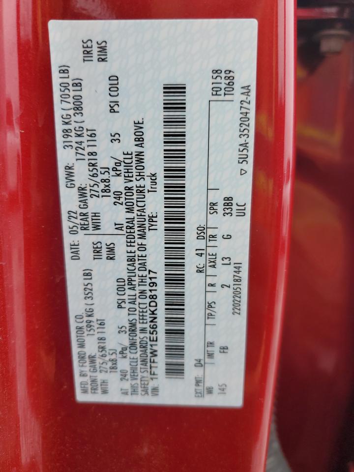 2022 Ford F150 Supercrew VIN: 1FTFW1E56NKD81917 Lot: 93918275