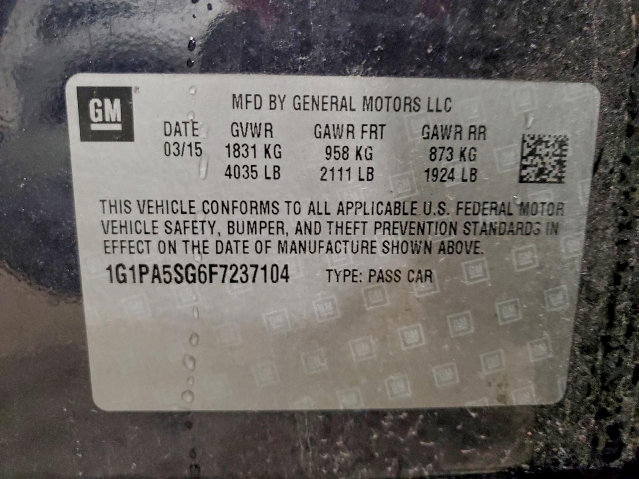 2015 Chevrolet Cruze Ls VIN: 1G1PA5SG6F7237104 Lot: 94468865