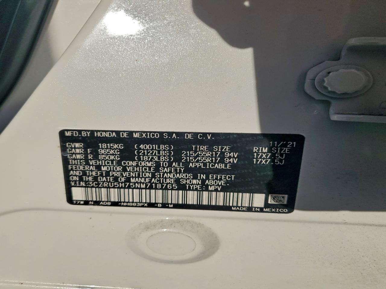 2022 Honda Hr-V Exl VIN: 3CZRU5H75NM718765 Lot: 94391055