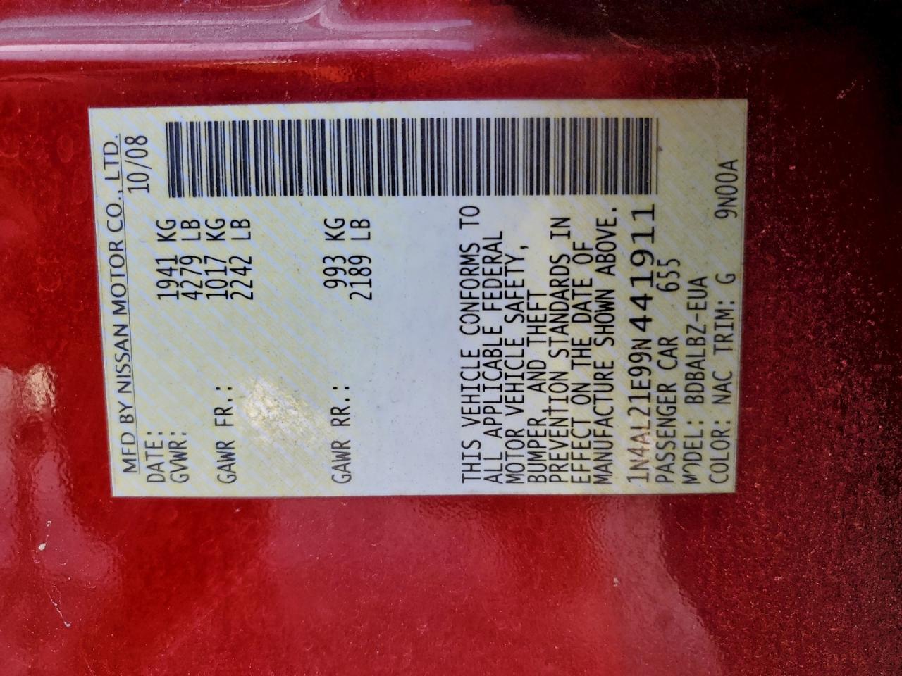 2009 Nissan Altima 2.5 VIN: 1N4AL21E99N441911 Lot: 94121095