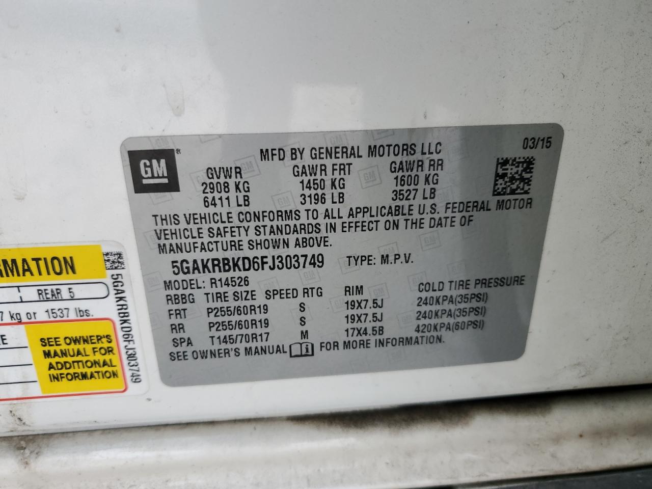 2015 Buick Enclave VIN: 5GAKRBKD6FJ303749 Lot: 92324055