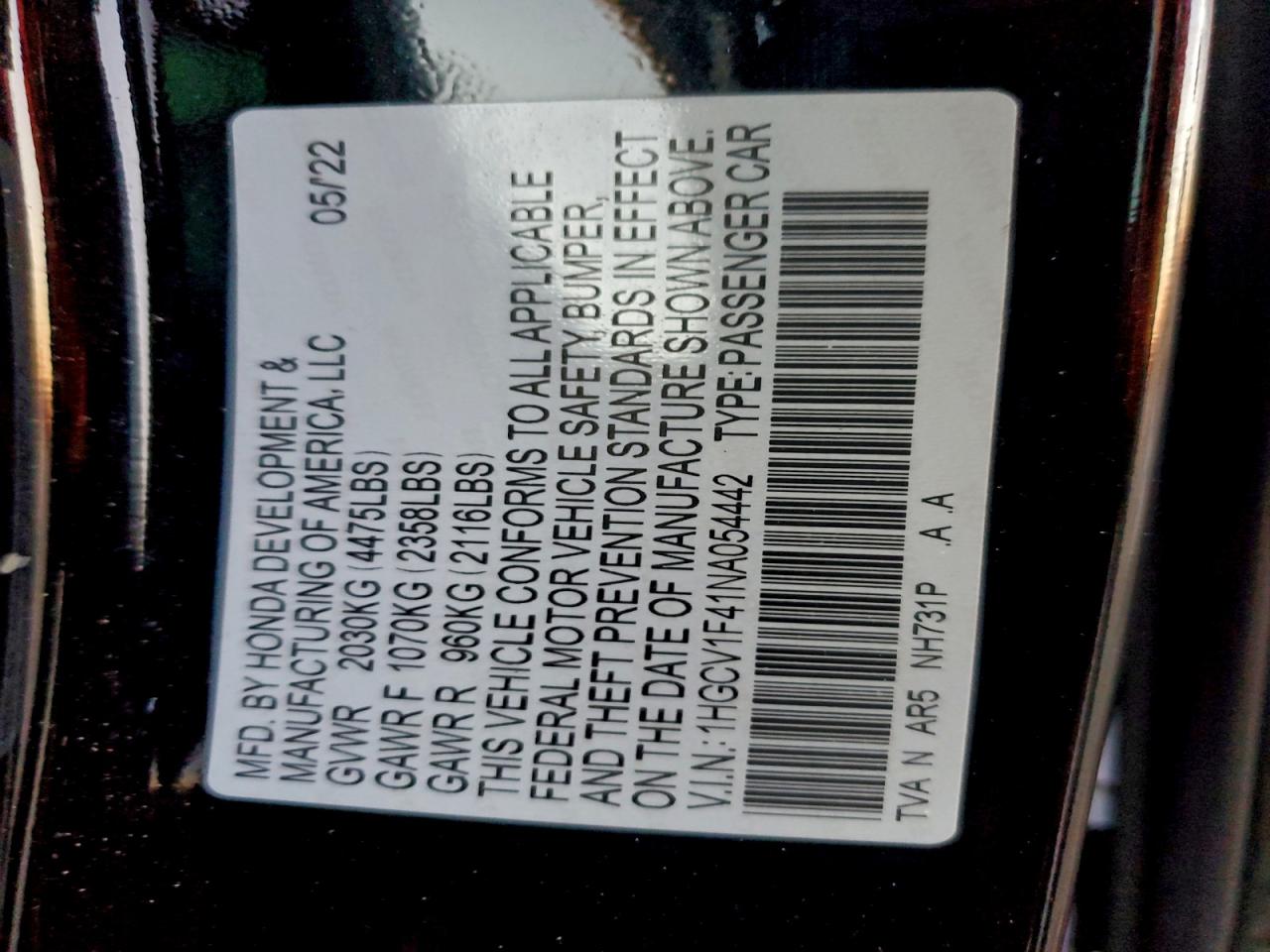 2022 Honda Accord Sport Se VIN: 1HGCV1F41NA054442 Lot: 92760475