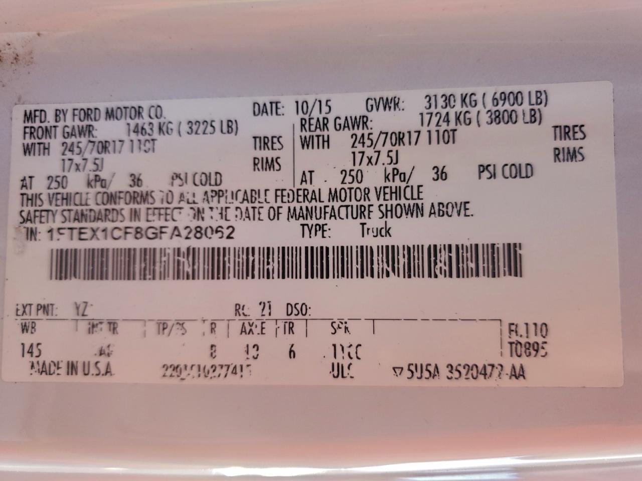 2016 Ford F150 Super Cab VIN: 1FTEX1CF8GFA28062 Lot: 94496215