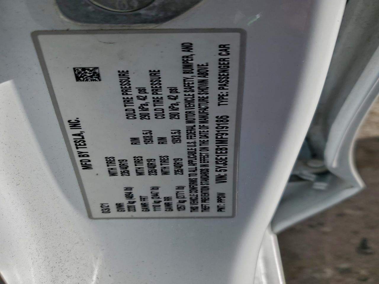 2021 Tesla Model 3 VIN: 5YJ3E1EB1MF919186 Lot: 92833165