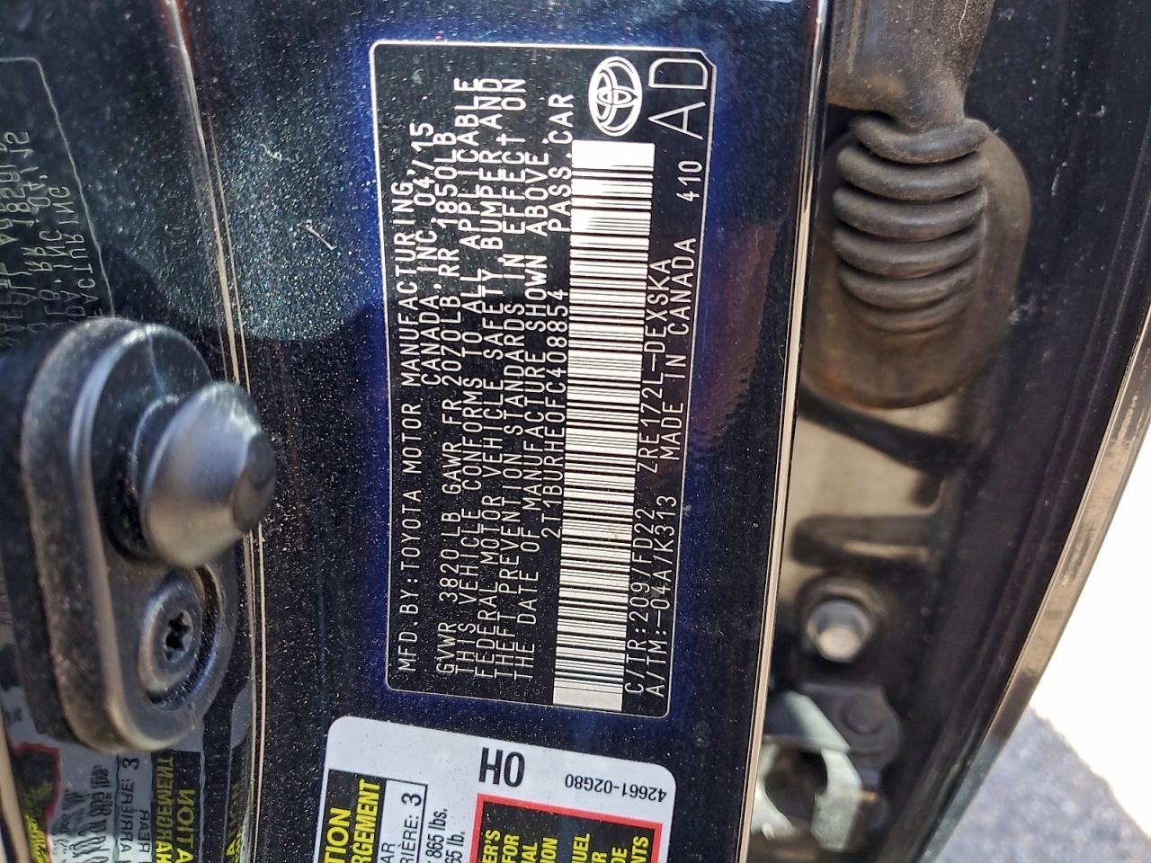 2015 Toyota Corolla L VIN: 2T1BURHE0FC408854 Lot: 94656365