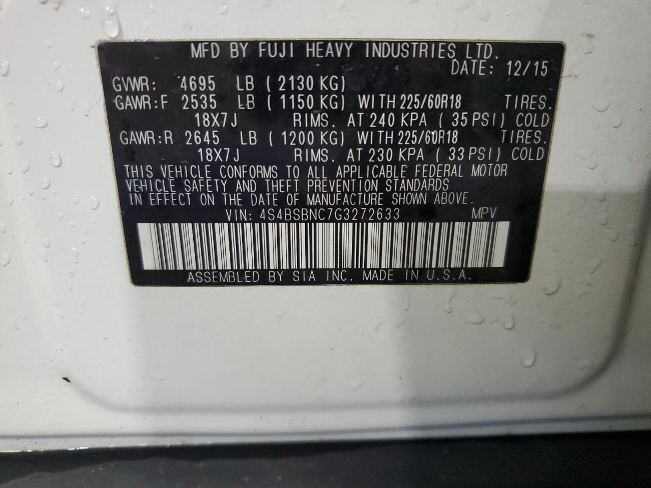 2016 Subaru Outback 2.5I Limited VIN: 4S4BSBNC7G3272633 Lot: 91696165