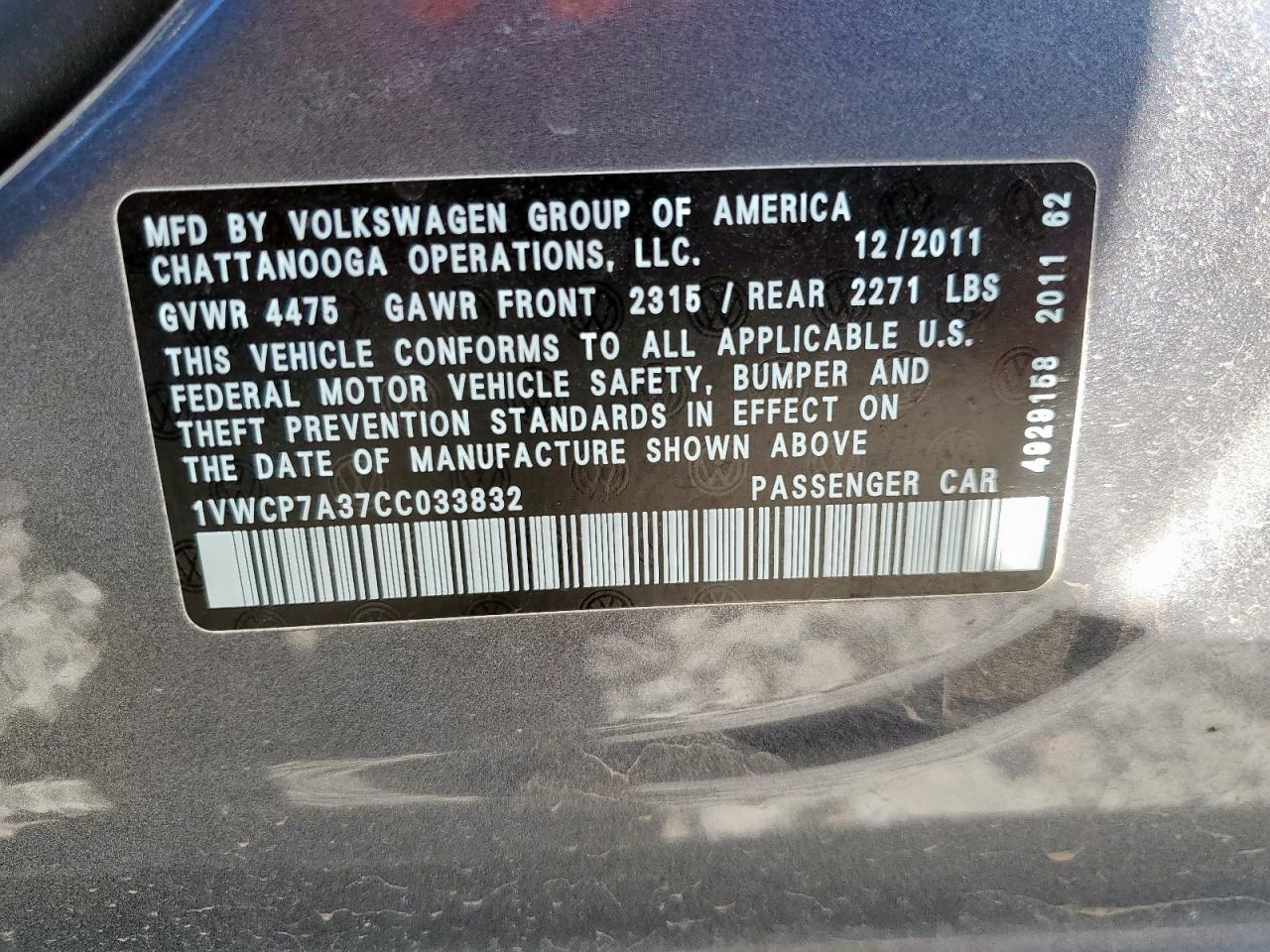 2012 Volkswagen Passat Sel VIN: 1VWCP7A37CC033832 Lot: 92072935