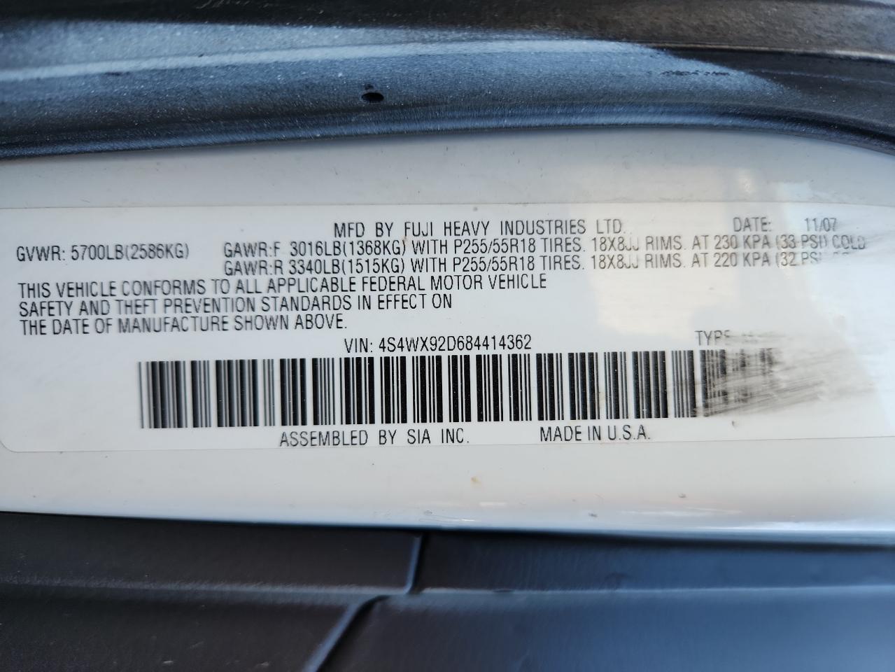 2008 Subaru Tribeca Limited VIN: 4S4WX92D684414362 Lot: 93523575