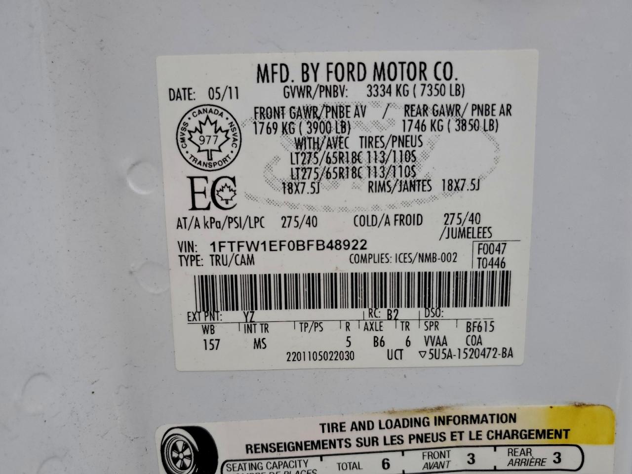 2011 Ford F150 Supercrew VIN: 1FTFW1EF0BFB48922 Lot: 94380875