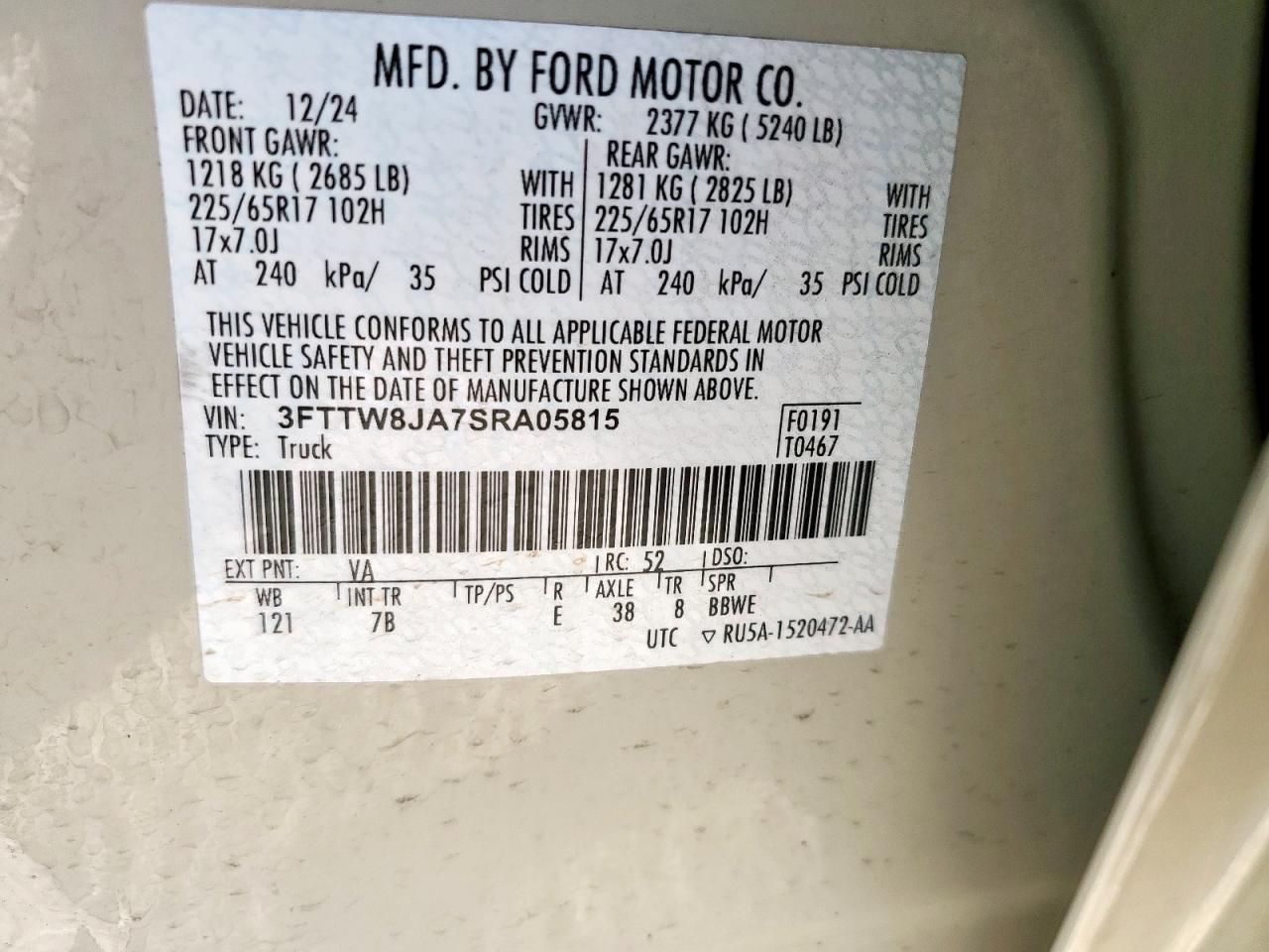 2025 Ford Maverick Xlt VIN: 3FTTW8JA7SRA05815 Lot: 92785585