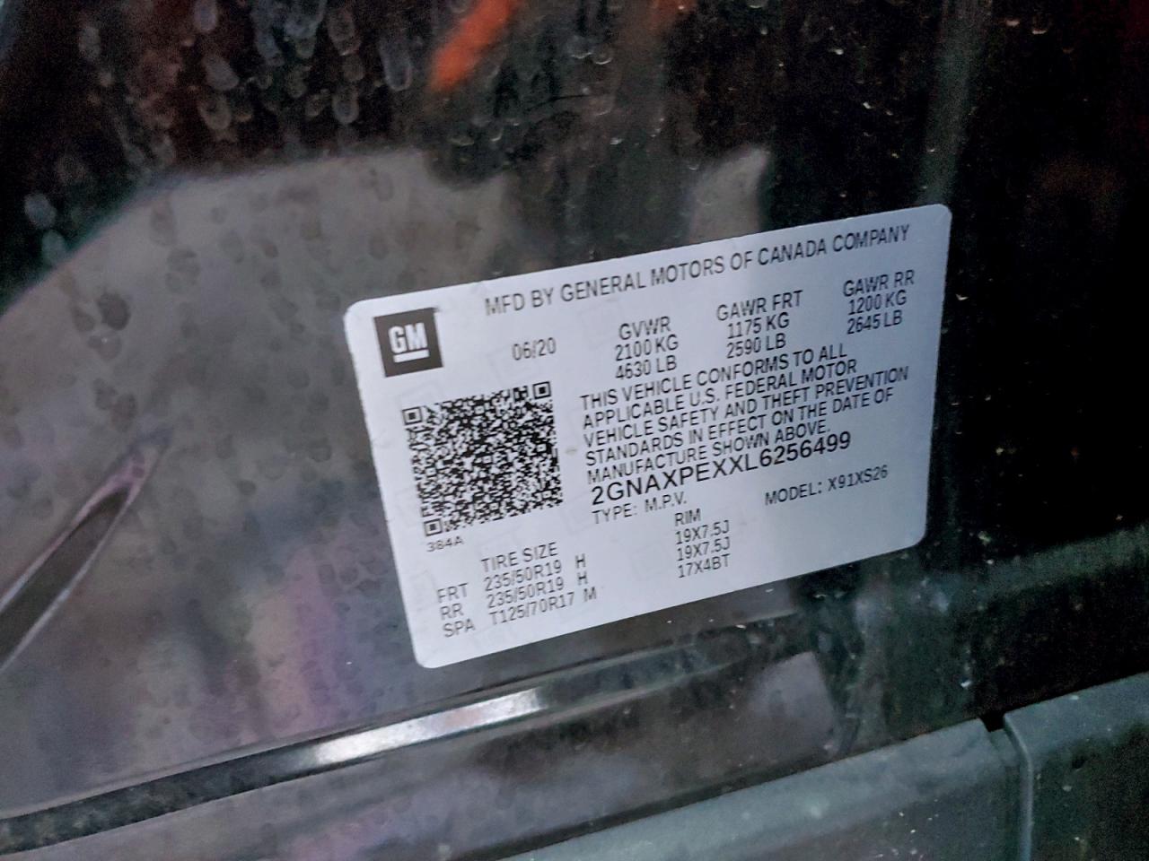 2020 Chevrolet Equinox Premier VIN: 2GNAXPEXXL6256499 Lot: 94332325