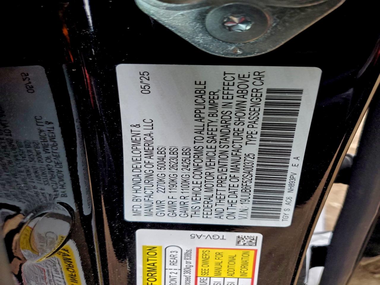 2025 Acura Tlx A-Spec VIN: 19UUB6F52SA003725 Lot: 93434925