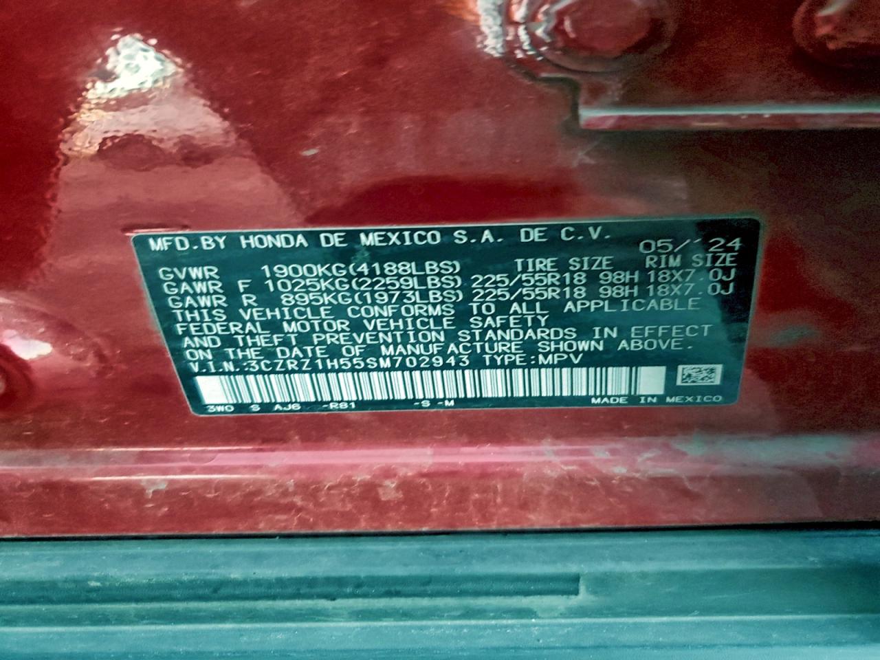 2025 Honda Hr-V Sport VIN: 3CZRZ1H55SM702943 Lot: 94541745