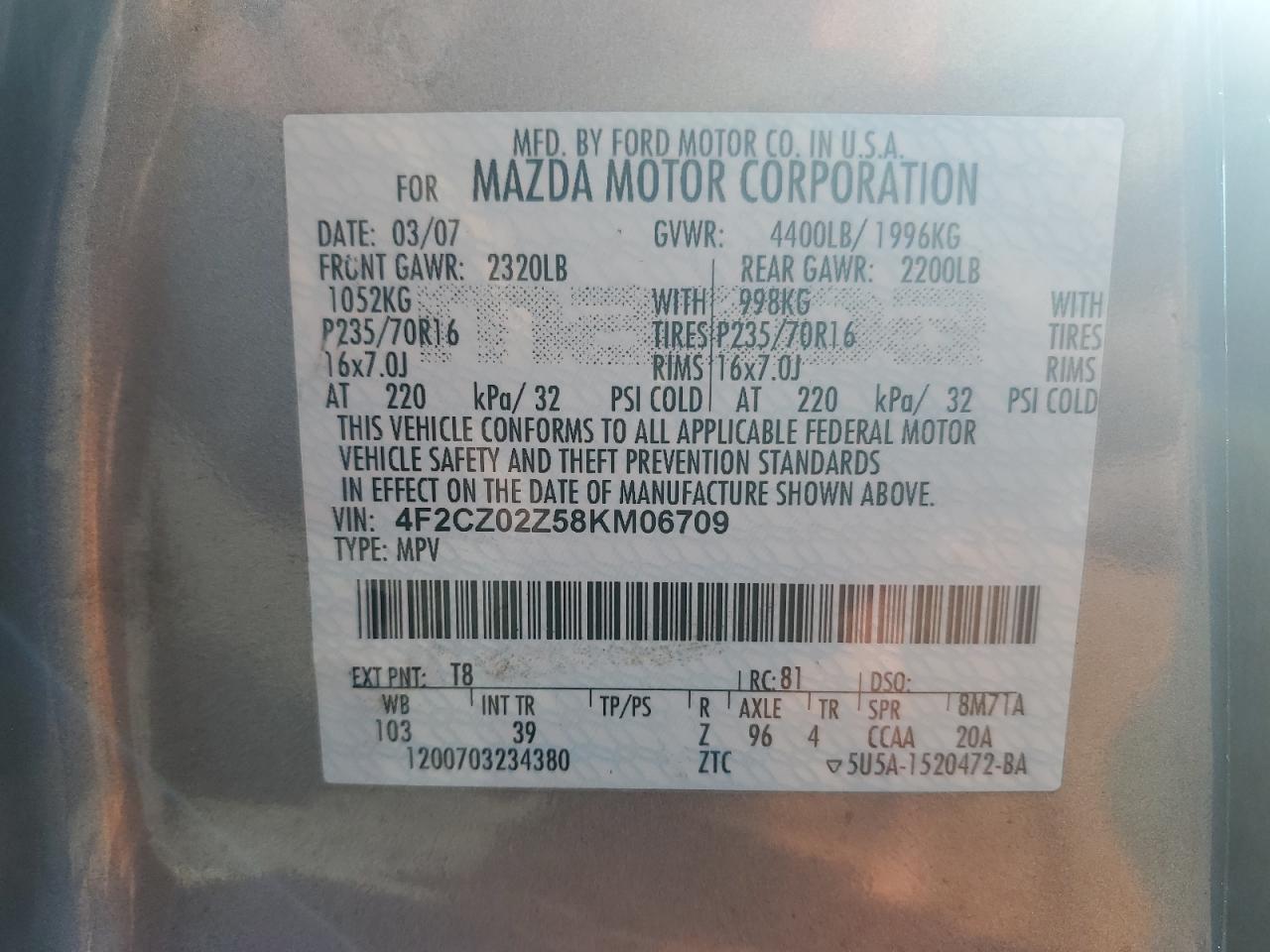 2008 Mazda Tribute I VIN: 4F2CZ02Z58KM06709 Lot: 91380335