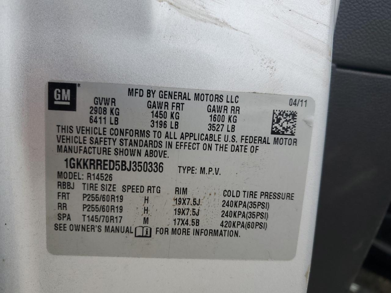 2011 GMC Acadia Slt-1 VIN: 1GKKRRED5BJ350336 Lot: 92209545