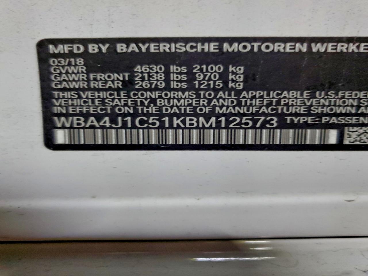 2019 BMW 430I Gran VIN: M12573 Lot: 93987365