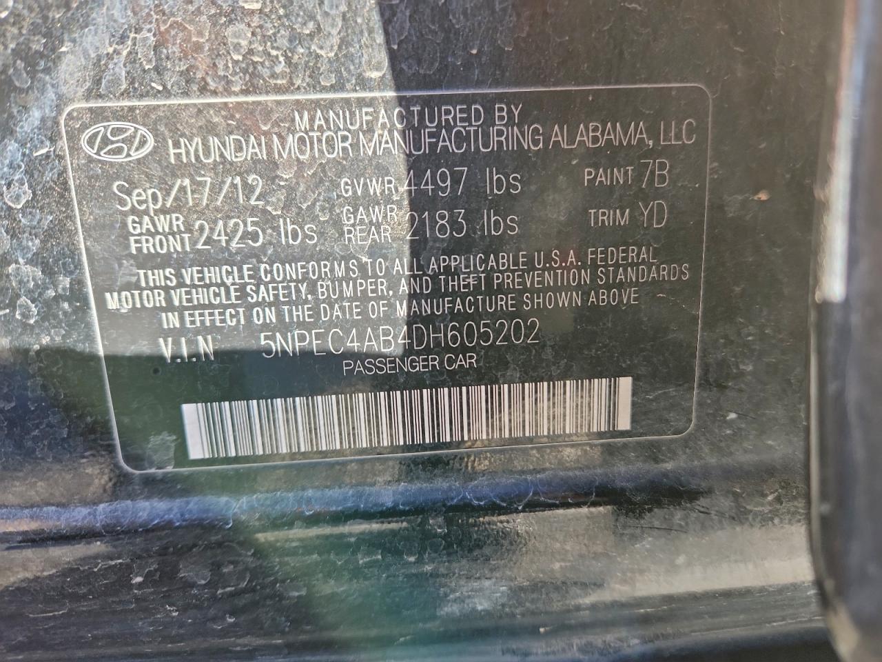 2013 Hyundai Sonata Se VIN: 5NPEC4AB4DH605202 Lot: 92751885