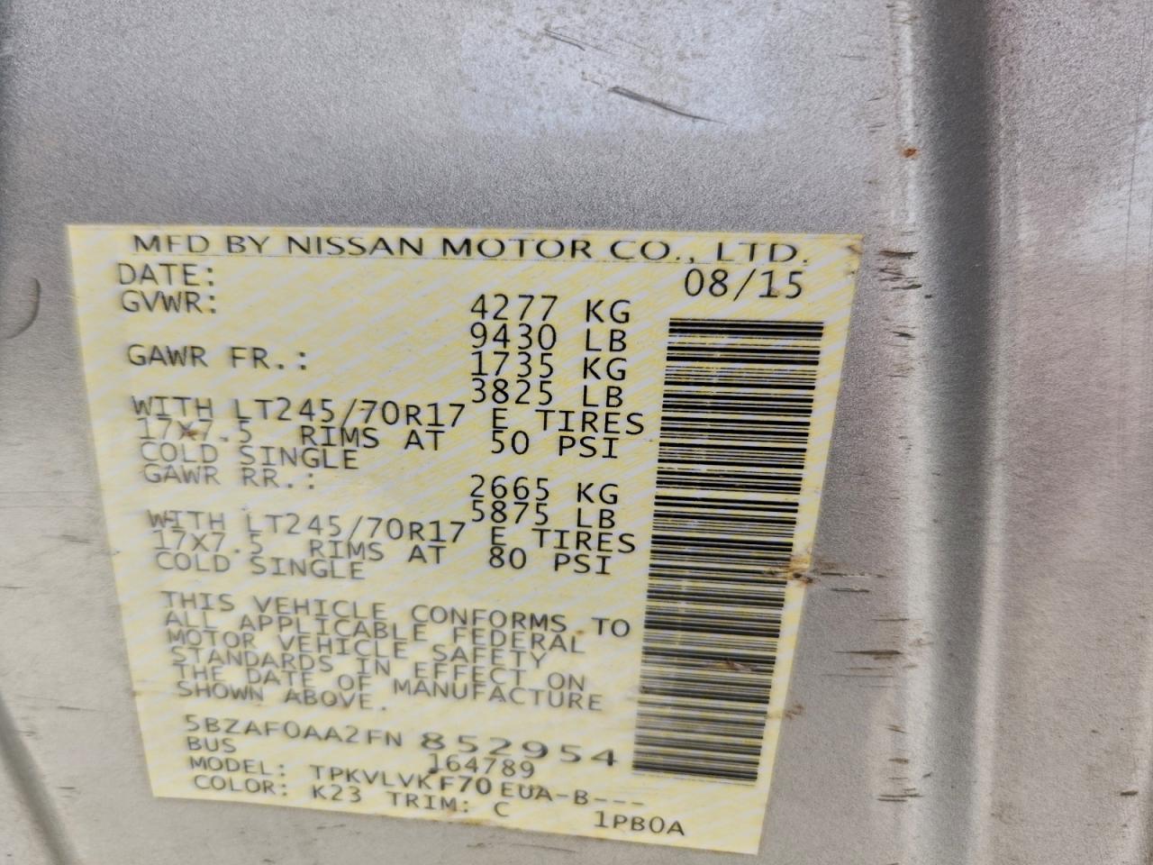 2015 Nissan Nv 3500 S VIN: 5BZAF0AA2FN852954 Lot: 94103515