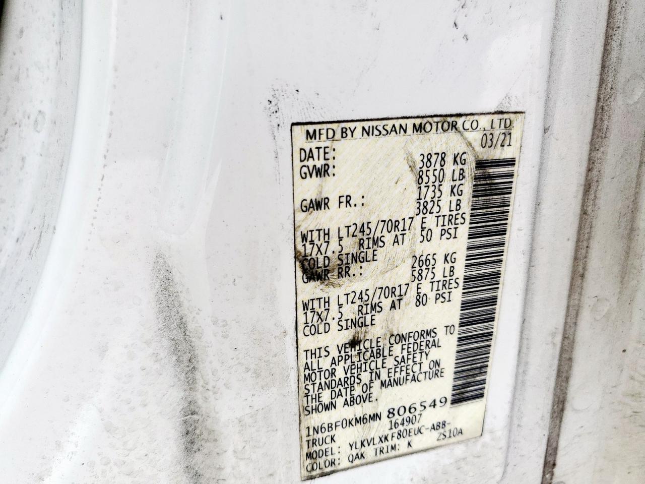 2021 Nissan Nv 1500 S VIN: 1N6BF0KM6MN806549 Lot: 93128915