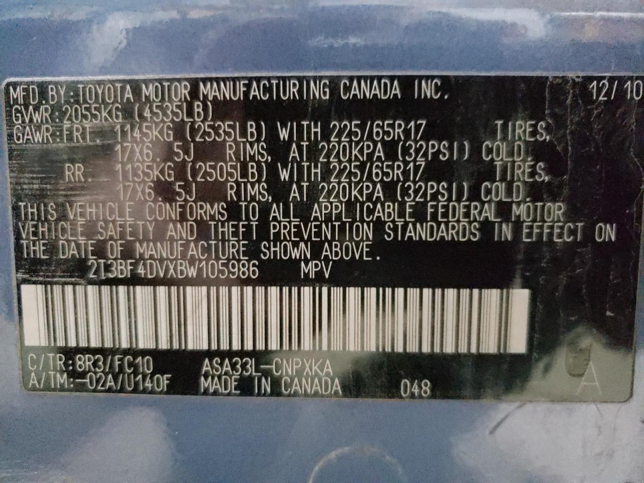 2011 Toyota Rav4 VIN: 2T3BF4DVXBW105986 Lot: 92174655