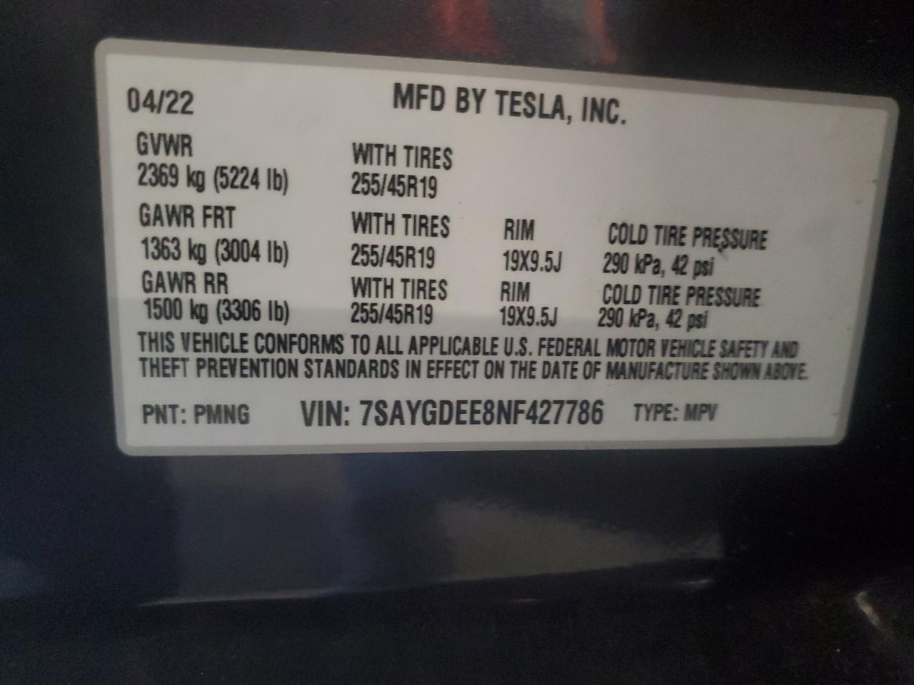 2022 Tesla Model Y VIN: 7SAYGDEE8NF427786 Lot: 92304385