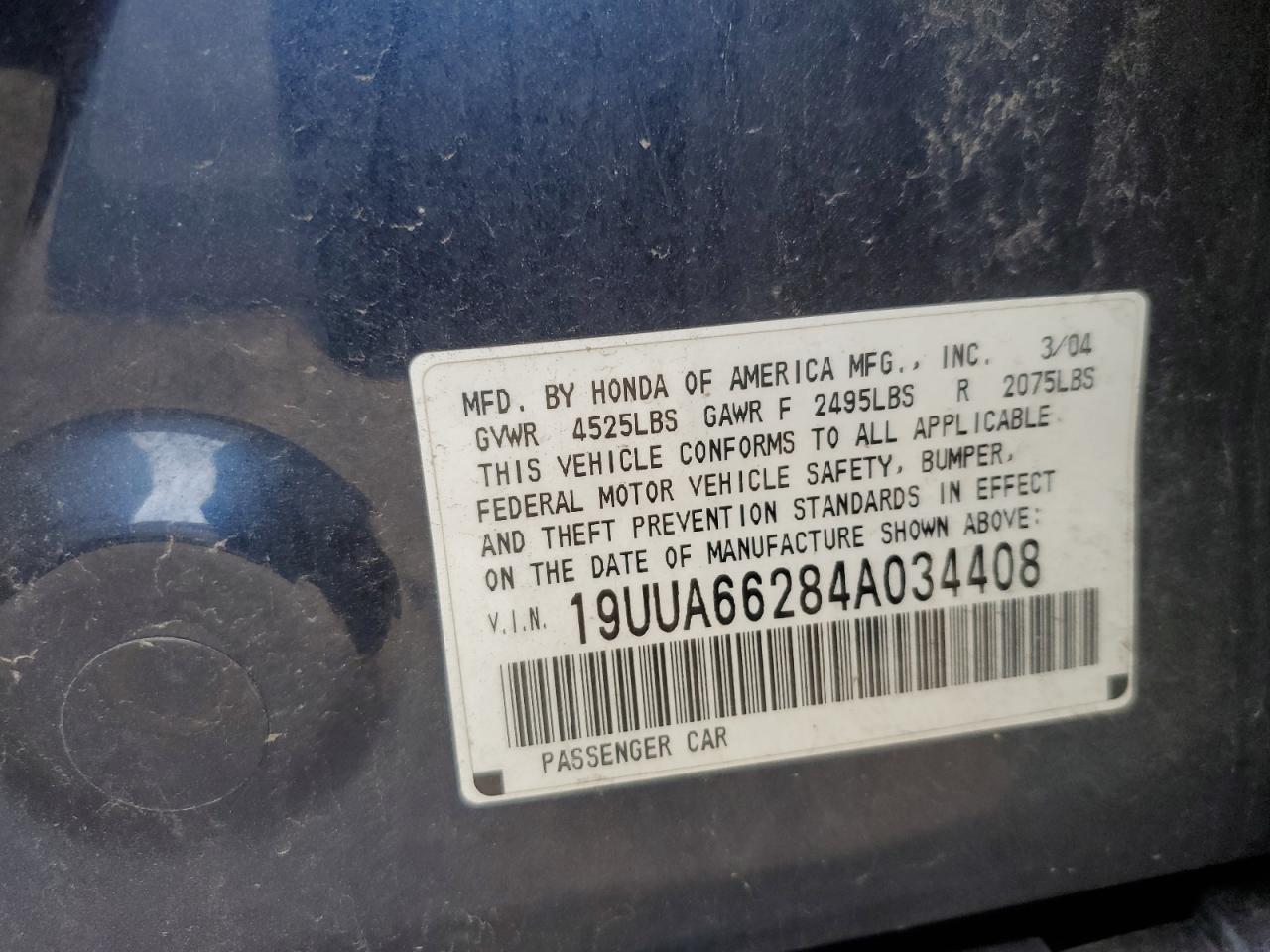 2004 Acura Tl VIN: 19UUA66284A034408 Lot: 92119965