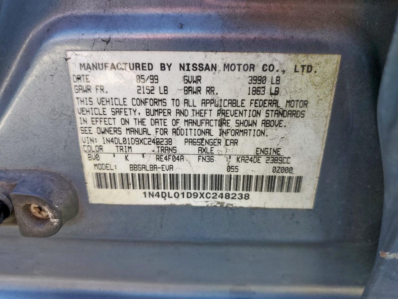1999 Nissan Altima Xe VIN: 1N4DL01D9XC248238 Lot: 92048915