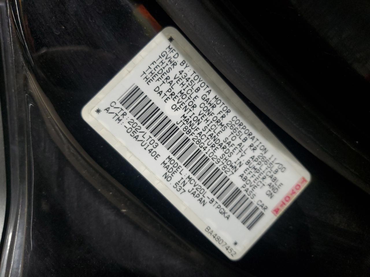 2001 Lexus Es 300 VIN: JT8BF28G410297827 Lot: 92905295