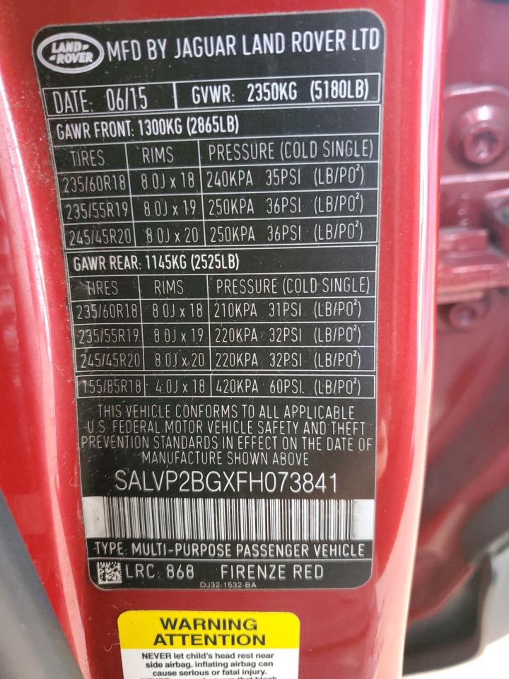 2015 Land Rover Range Rover Evoque Pure Plus VIN: SALVP2BGXFH073841 Lot: 91349835